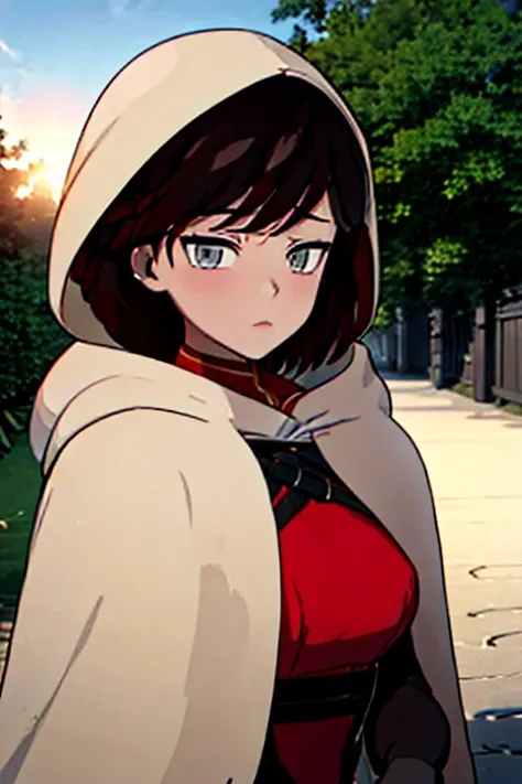 srwby, short hair, black hair, red hair,, white cape,gradient hair, grey eyes, hood up, shadow eyes. outdoor