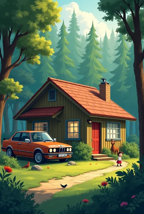 Small house name saishree one car name is BMW one brother father and mother animals house in forest
