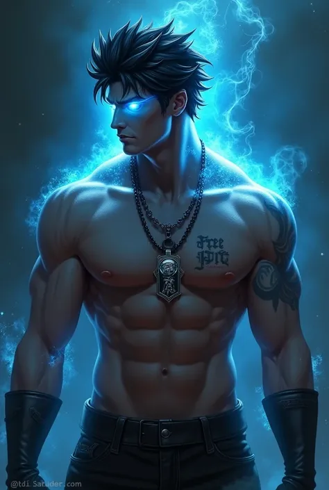 I want a male character with black, pointy hair with blue light coming out of his eye and shirtless with a tattoo on a necklace that says free fire on the pendant.