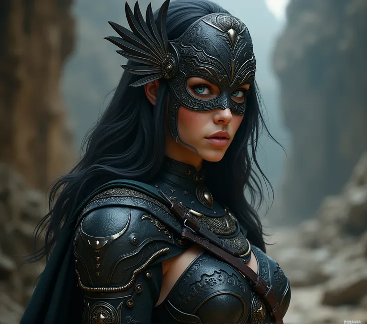 a set of full body portraits of all angles, full black leather armor, cloak, zoomed out, Polynesians female, 3d, black hair, blue eyes, light skin, masked, detailed eyes, Splash art, front, wearing body accessories, epic Instagram, artstation, hyperdetaile...