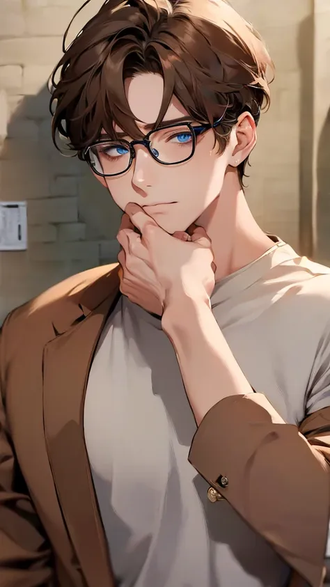 masterpiece, Highest quality, 1 male, Brunette Hair,34 years, blue eyes, Glasses, White shirt, Mugshot, Wall Background, Detailed eyes, Detailed facial features, リアルでHigh resolution (Highest quality, 4K, 8k, High resolution, masterpiece:1.2)