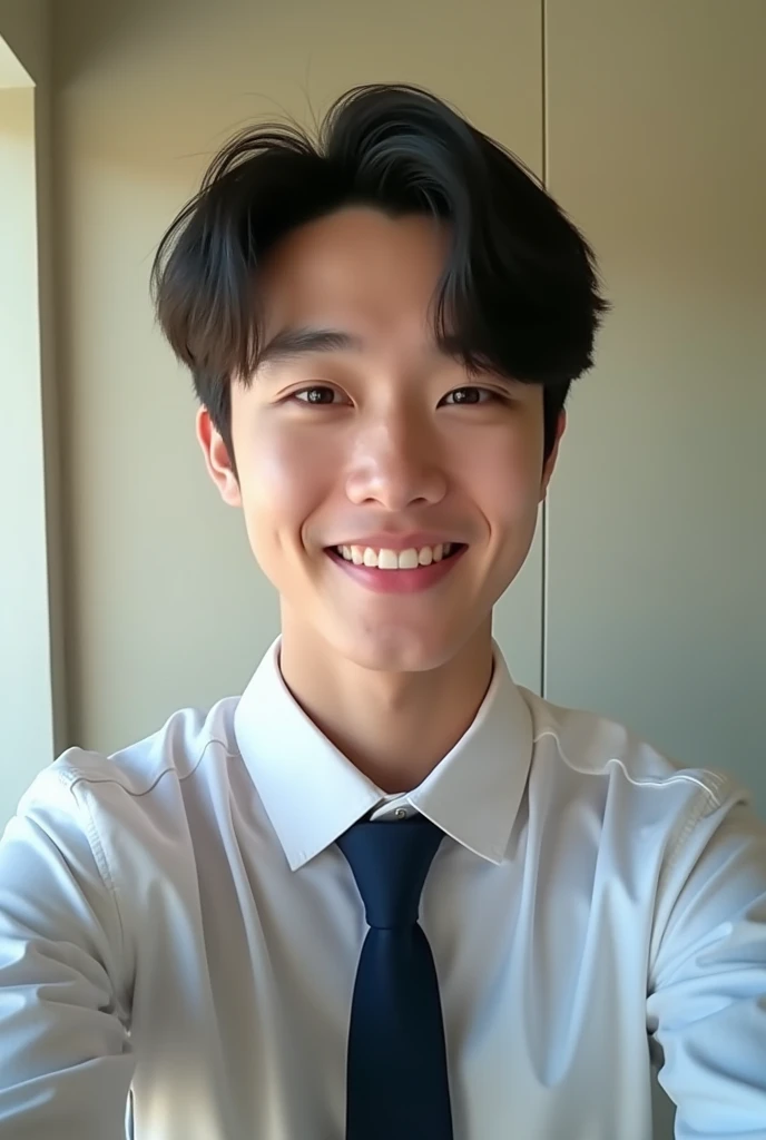 A Handsome korean student taking a selfie and smiling wearing uniforms