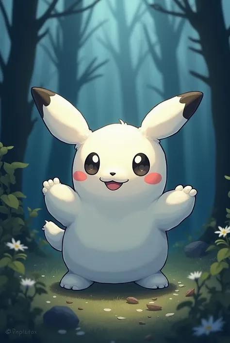 (masterpiece, Highest quality:1.2, high details:1.3, accurate, best quality, A style similar to Megumi Mizutani&#39;s), Pokémon, Mimikyu, Snolax-like appearance,Wearing a rag from, Doodle-like eyes, mouth and cheeks, Tilt your head, Dark Forest
