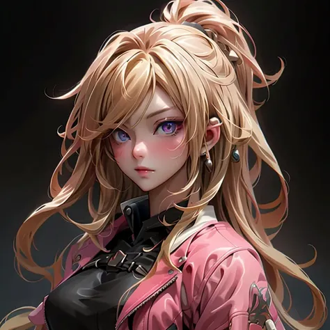 anime girl with long blonde hair and pink eyes wearing a black leather jaket, detailed portrait of anime girl, stunning anime face portrait, portrait anime girl, blonde anime girl with long hair, beautiful anime portrait, detailed digital anime art, detail...