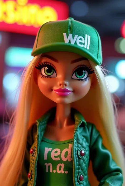 A bratz doll with long, straight, blonde hair is wearing a green cap on her cap she carries the word "well" , a green top with her name on it " RED N.A  " with a jacket. At the top you see a text " Open Casino "
Only the top of the wrist from the navel up ...