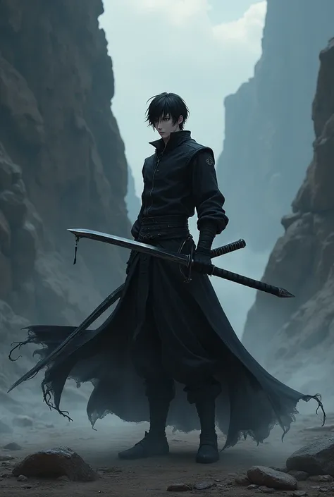 Anime black swordsman with a shadow power effect emanating from the sword with scenery that matches your style.