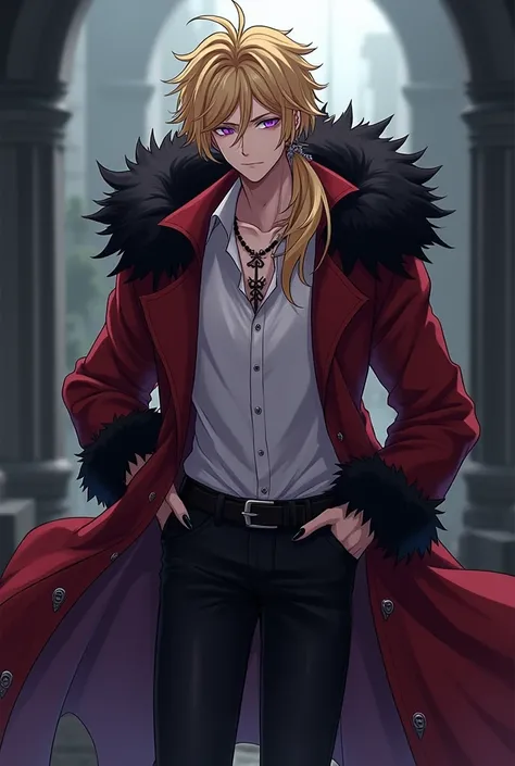 Create an anime style male character with long blonde hair that is layered and parted in the middle with black hair roots in the middle, black jeans, black shoes, half tight white shirt, dark red coat with black fur on top, Cross Earrings, a little purple ...