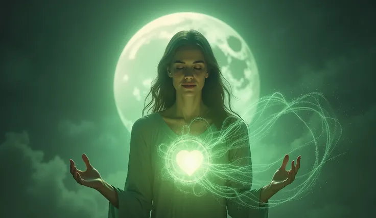 Create an ULTRA REALISTIC image of a woman surrounded by a sphere of healing green light, with energy flowing from your hands and heart. In the background, the partially eclipsed Moon illuminates the scene with soft shades of silver and purple, conveying a...