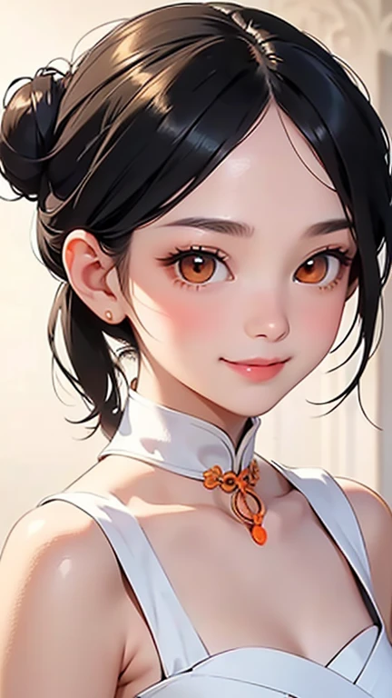 Best Quality、Realistic、girl、、zoom、Orange eyes、Black Hair、Bun Hair、White Chinese Dress、thin、Small breasts、Inappropriate smile、、Bust Shot、