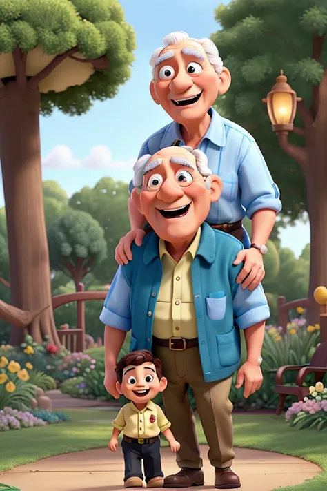 Imagine a joyful Disney-inspired scene featuring a loving grandfather and his young grandson. The two are in a whimsical, vibrant park, with colorful flowers, magical trees, and cheerful birds singing. Both characters are animated with classic Disney charm...