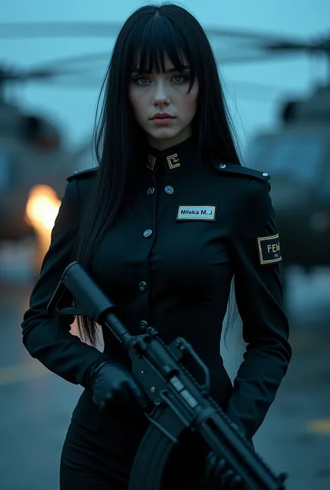 Woman of unique beauty, beautiful with long jet black hair with silky bangs,with deep grey eyes, soft white skin, of sensual curves, She wears a black military uniform with a high collar and notched collar with the initials FEMF and a name tag with MILENKA...