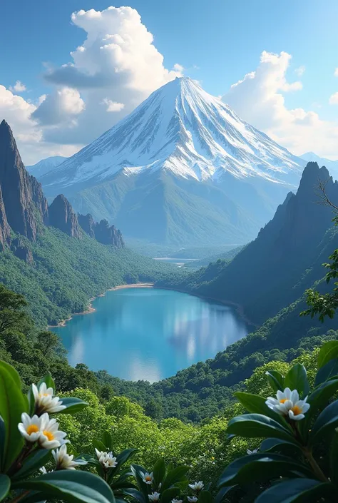 I need a picture of a lake, that has a volcano and mountains in the back, in the front part that has coffee plants, and the view is from above like a tonada behind the plant towards the lake focusing on the volcano, the size of the image to be horizontal 