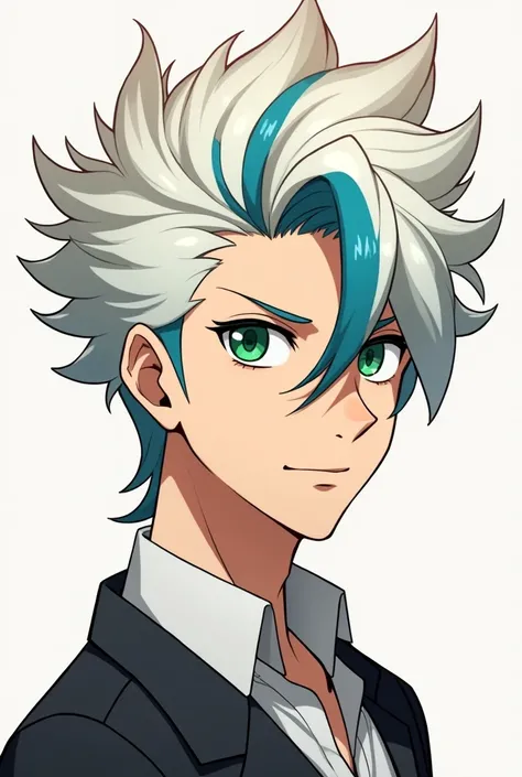 Create a male anime style character with green eyes with spiky white hair with a blue streak in the middle of the hair and another part of the hair being brown and forming a circle around the hair 