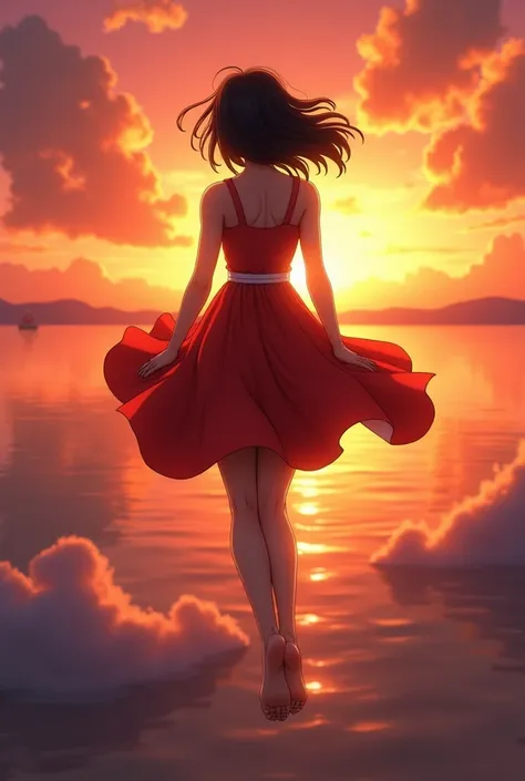 8K, high quality, Wide angle, top view, dragon ball gt pan, floating in the air, in a short red dress bare feet, loose black hair, light skin, sunset background