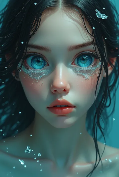 Realistic eyes of a girl, wet hair, ocean inside her eyes, water flowing from her eyes, straight profile