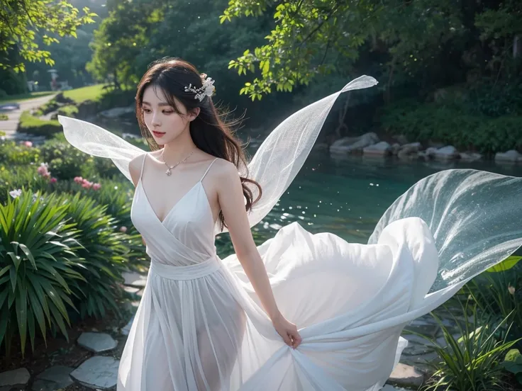 Romantic Rose White Dress 2, Deep in Wonderland，Moonlight flows like water，hazy room，The figure of the heroine is vaguely visible，Like a fairy in a painting，Slender sexy legs，Very beautiful legs，Show sexy，Large Breasts，Beautiful with a hint of mystery。Her ...