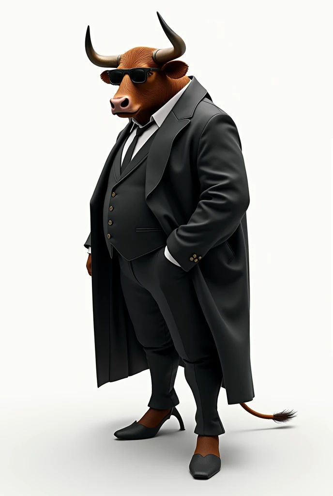 a tall bull, brown, small horns, wearing a black suit, black sunglasses, enigmatic face, body turned slightly to the side, photo in 8k, white background