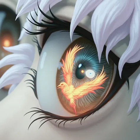 a picture of an eye looking on a phoenix  the phoenix is being reflected in the eye