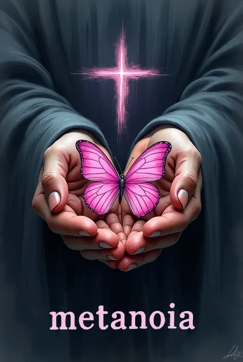 Butterfly sketch, color pink outfit, black background, with cross in the center, in the hands of Christ, with the text below "Metanoia"