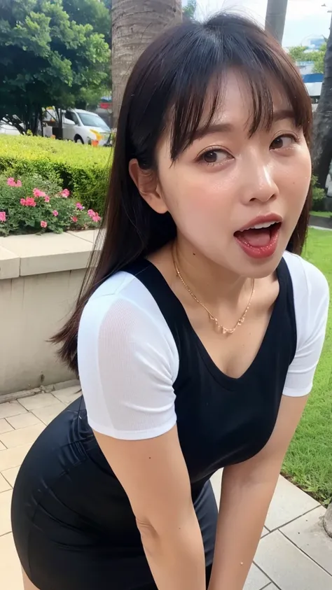 (((8k、High resolution、Best Quality、High resolution)))Alone、Natural body shape、White skin、Natural Makeup、Black Hair、bangs、 Long Hair、(Big Breasts),Looking into the camera、Outdoor,(Business Style), Violet short sleeve V-neck, Formal tight skirt,mini skirt , ...