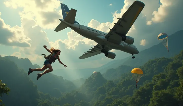 A plane with a broken wing flying in the sky where the male and female passengers of the city are jumping in the sky with a parachute and below you can see a jungle with many trees and swamps. The style is for a video game or what is known as a battle roya...