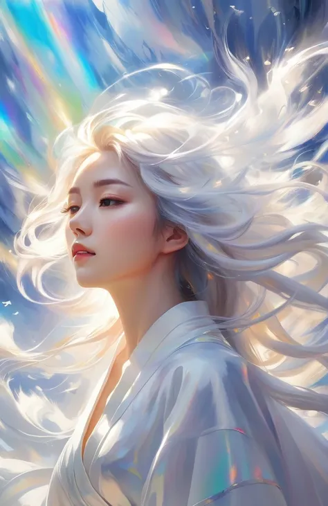 White Wind，spiritual，Sacred atmosphere，Morning Light，null，天null，masterpiece, Anime style oil painting, Wide-angle shot, Tyndall effect, Holographic White,Illustration effect for posters and magazines, 