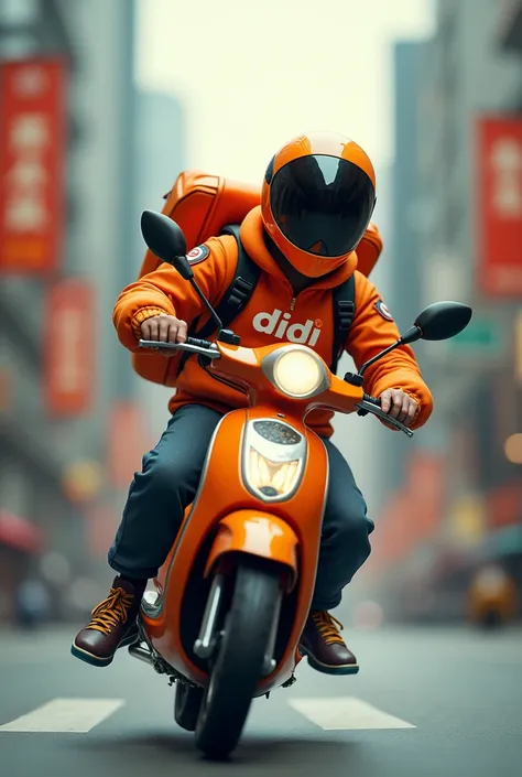 A photo of a delivery man, he must be wearing the DIDI FOOD logo, he is in a comical style on his motorcycle at full speed, he is carrying an orange backpack, he is wearing clothes with unparalleled style

