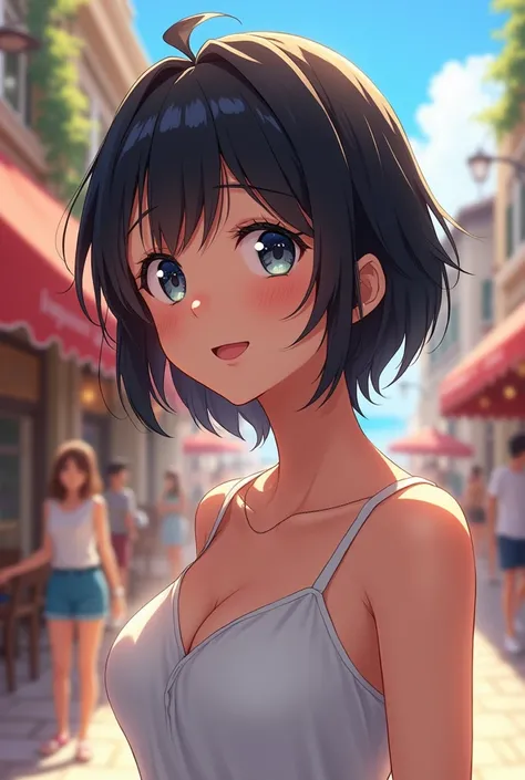 at tourist attraction in Europe, getting angry, short length black hair, raised an arm, 128k Bluray Extreme UHD 4K high quality image of anime At town. She is wearing white sleeve less shirt. She looks at me with a radiant smile. The woman is dazzlingly be...