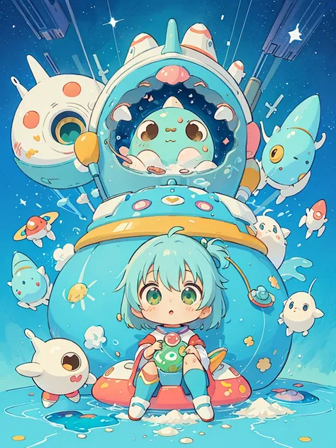 Hayao Miyazaki colorful style, Kawaii Design, most beautiful girl ever、Chibi,  (((spaceship journey))), (((Cute amoeba))), Galactic Universe, (((Vomit)))