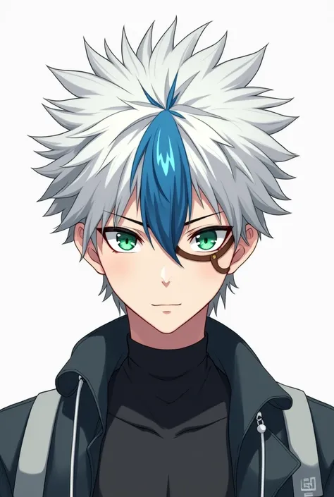 Create a male anime-style character with green eyes, spiky white hair, a blue streak in the middle of his hair, and a section of his hair dyed brown to form a circle around his hair.