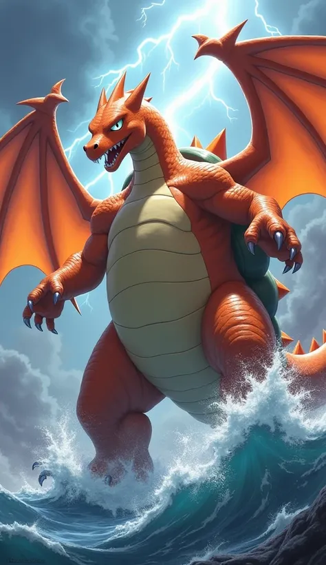 Create a fusion between Charizard and Blastoise, combining Charizard’s dragon-like features with Blastoise’s robust shell and water cannons. Highlight the muscular physique, powerful wings, and fiery breath of Charizard, enhanced with Blastoise’s water-spo...