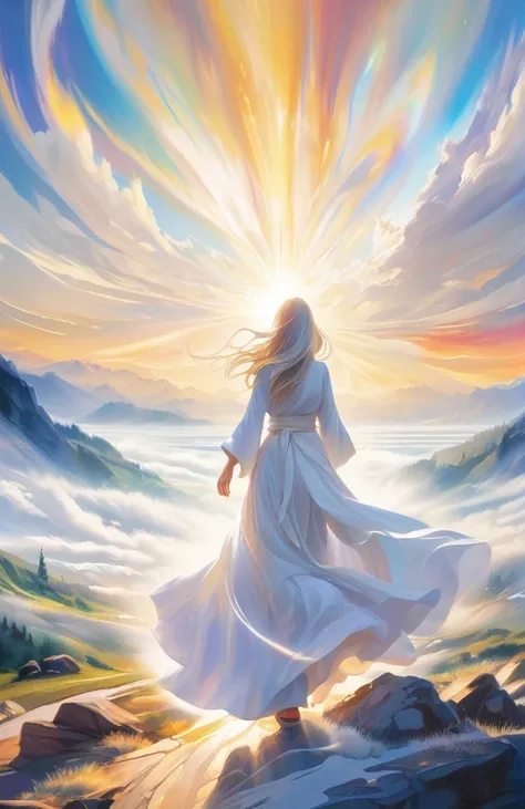 null，White Wind，spiritual，Sacred atmosphere，Morning Light，masterpiece, Anime style oil painting, Wide-angle shot, Tyndall effect, Holographic White,Illustration effect for posters and magazines, 