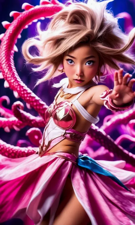 a cute Yuna, 2, wearing a sexy magical girl costume, amazing butt, striking magical action poses with lots of special effects, confronting an evil tentacle demon, camera angle is low, focus on Yunas butt, detailed facial features, intricate costume design,...