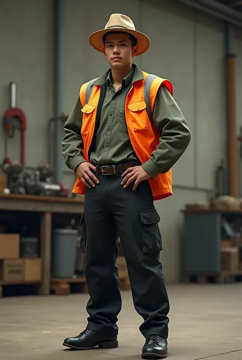 Technical student, standing with hands on hips, facing and body to the left, wearing a gray-green shop shirt, long black slacks, black shoes, a straw hat, and a reflective shirt over it. 