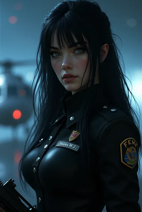 Woman of unique beauty, beautiful with long jet black hair with bangs,with deep gray eyes and an imposing and powerful look, with European features, soft white skin, of sensual curves, He wears a black, high-collared military uniform., the initials FEMF an...