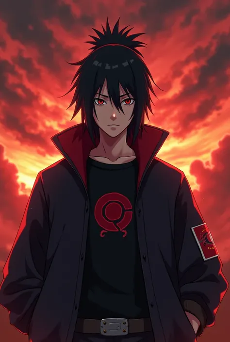 ((enhance quality 16x )), The image shows a Itachi uchiha boy character in a free fire , standing in a bloody sky with a orange sky clouds and red sky clouds in his jacket logo. The character is wearing a black jacket and has a red acoustic logo on their s...