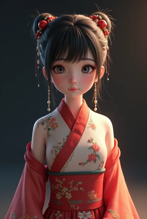 an anime girl in 3d HD, with an oriental style dress, and short hair
, preferably with a dark background