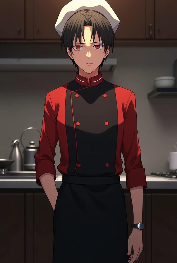 black hair, Closed mouth, serious, kuudere,  misaki mei man, delgado executive chef wearing a redblack uniform with white hat