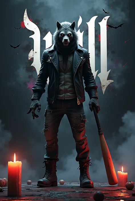 Render a 3D scene showing a werewolf with a fierce and detailed appearance, created by author LOBOJR. He is dressed in worn out jeans, a black leather jacket with visible textures and rugged combat boots. The werewolf holds a baseball bat in a defiant atti...