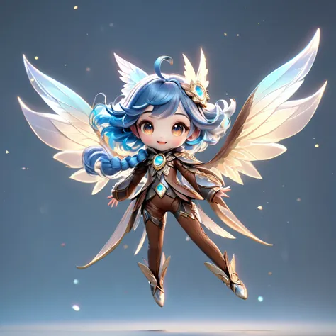 3d digital art style full body, tiny, cute slender hyper-feminine female blue-haired fairy owl, translucent magic wings (opalescent), leather armor (silver), brown leather pants, happy, flying