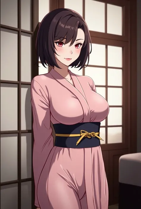 Beautiful young adult girl with medium-short, medium-long brown hair, pink eyes, wearing a pink kimono with nothing underneath, big breasts in the background of a room with a window