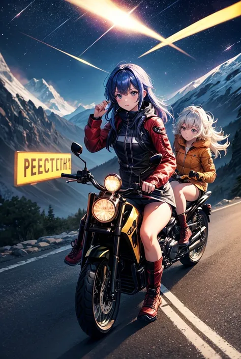 3 girls with different hair color riding motorcycles at night on a mountain road 