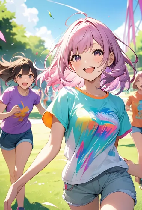 Upper body close-up（((masterpiece), on)"Shirai Kana in a bright and casual outfit, wearing a vibrant T-shirt and shorts, with an energetic smile. The background is a park, and she’s seen playing with friends, full of energy."