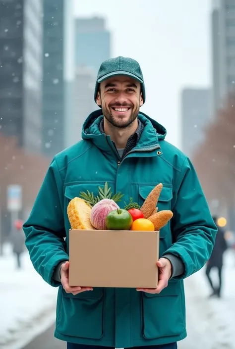 This image will be used as an advertisement on social media for promoting delivery of cold goods. It s to feature a delivery man holding a chiller box of food of food with a snowy background and with a city skyline in the background. There needs to be spac...