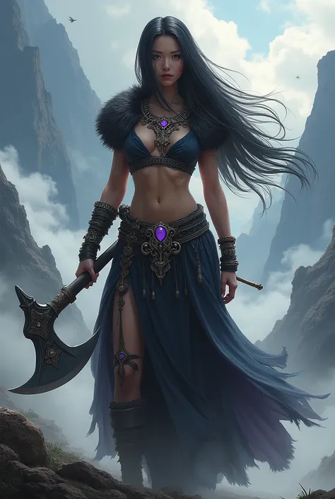 A powerful Korean woman in a fantastical and epic setting. The woman, portrayed as a warrior or heroine, stands in a mountainous landscape shrouded in dramatic clouds. Her pose is firm and confident, with one hand holding an ornate axe.
Her outfit is a fas...