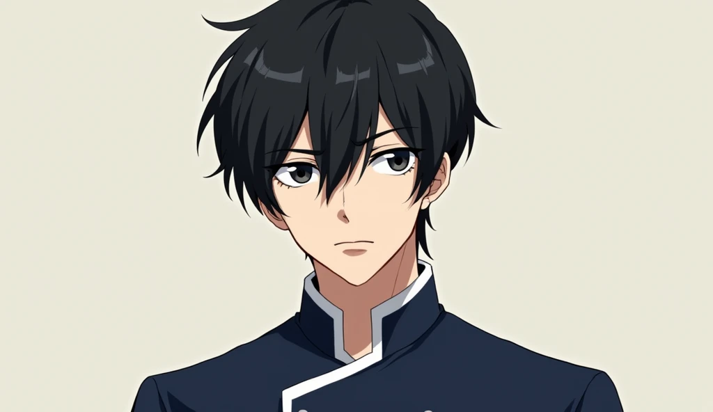 black hair, Closed mouth, serious, kuudere,  misaki mei man, delgado Navy blue chef Gakuran jacket with white 
