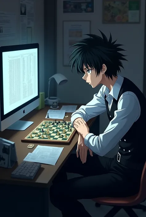 I want you to create Lelouch vi Britannia wearing Ayanokoji&#39;s clothes playing chess on the PC with Ita&#39;s entrance exam tests on your desk. The photo must be the size of a YouTube banner.