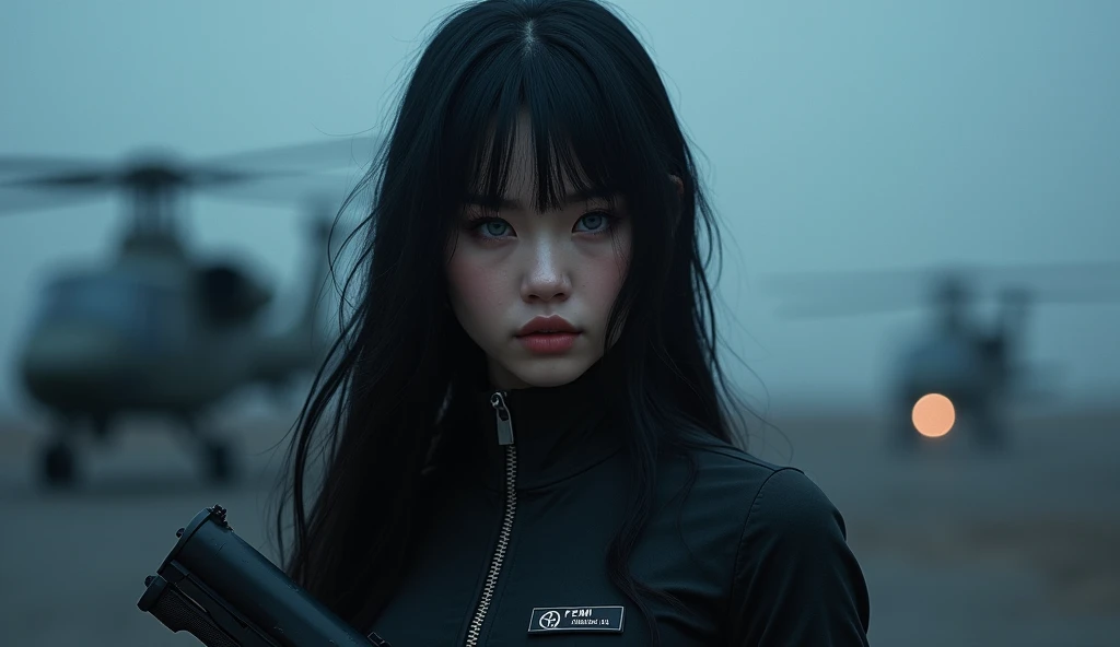 Young woman of unique beauty, beautiful with long jet black hair with bangs, Deep gray eyes and an imposing and powerful look, with European features, soft white skin, of sensual curves, He wears a black, high-collared military uniform., the initials FEMF ...