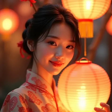 a beautiful chinese girl with short black hair, smiling, wearing a traditional chinese dress, holding a mid-autumn festival lantern, detailed facial features, detailed hair, detailed clothing, intricate patterns on dress, warm lighting, golden hour lightin...