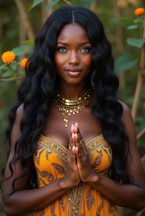 beautiful african woman with delicate features, very long hair, delicate smile, bright turquoise blue eyes, in traditional costume and offering love with their hands. goddess body, medium breasts, piernas tonificadas, full body